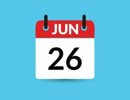 junio 26 plano icono calendario aislado en azul antecedentes. fecha y mes vector ilustración