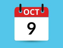 October 9. Flat icon calendar isolated on blue background. Date and month vector illustration