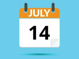 14 July. Flat icon calendar isolated on blue background. Vector illustration.