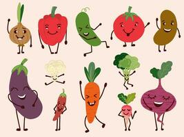 Cheerful vegetable characters. Set of happy and funny vegetables. Vector illustration