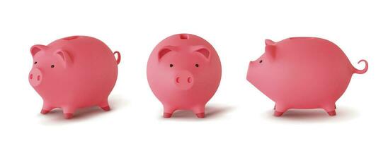 Set 3d realistic moneybox in the form of pig isolated on white background, vector illustration