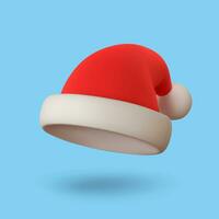 Realistic 3d santa claus hat on blue background. Merry Christmas and Happy New Year. Vector illustration