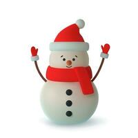 Realistic 3d funny snowman wearing red hat. Merry Christmas and Happy New Year. Vector illustration