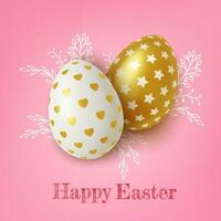 realista oro y blanco Pascua de Resurrección huevos con corazón y estrellas adornos en rosado antecedentes. vector ilustración