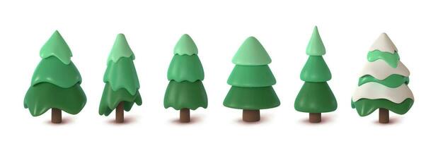 Collection abstract fir-trees isolated on white background. 3d Christmas trees, pine rendering vector illustration