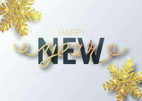 Greeting card, invitation with happy New year. Hand written lettering. Metallic gold Christmas snowflake, decoration, shimmering, shiny confetti on a white background. Vector Illustration