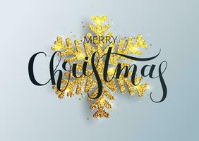 Greeting card, invitation with happy New year. Hand written lettering. Metallic gold Christmas snowflake, decoration, shimmering, shiny confetti on a white background. Vector Illustration