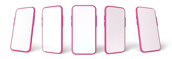 Pink smartphone mockup in 3D Style. Vector template set. Mobile phone front view on the white background