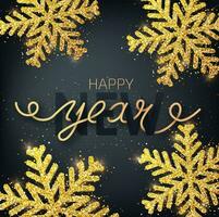 Greeting card, invitation with happy New year. Hand written lettering on a  black background. Glitter covered gold snowflake. Vector Illustration