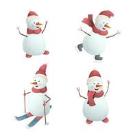 Christmas of set of cheerful snowmen. Snowman on skates, on skis. Isolated on white background. Vector illustration