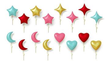Set of colorful realistic balloons in the shape of star, heart and month. Isolated on white background in 3D Style. Vector illustration