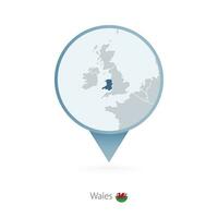 Map pin with detailed map of Wales and neighboring countries. vector