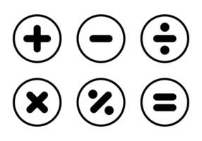 Addition, subtraction, multiplication, division, percentage, and equality icon vector in circle line