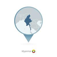 Map pin with detailed map of Myanmar and neighboring countries. vector