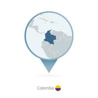 Map pin with detailed map of Colombia and neighboring countries. vector