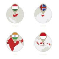 Hungría, Islandia, India, Indonesia mapa y bandera en círculo. vector