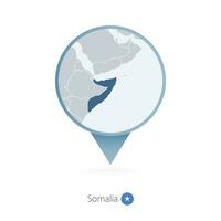 Map pin with detailed map of Somalia and neighboring countries. vector