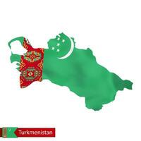 Turkmenistan map with waving flag of country. vector