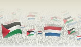 Palestine and Netherlands flags in a crowd of cheering people. vector