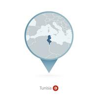 Map pin with detailed map of Tunisia and neighboring countries. vector