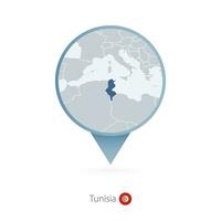 Map pin with detailed map of Tunisia and neighboring countries. vector