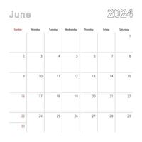 sencillo pared calendario para junio 2024 con punteado líneas. el calendario es en inglés, semana comienzo desde domingo. vector