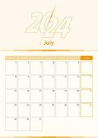 Modern vector vertical calendar sheet for July 2024, planner in English.