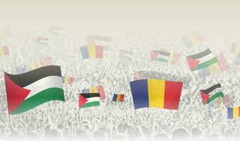 Palestine and Romania flags in a crowd of cheering people. vector