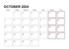 Wall planner for October 2024 in English language, week starts in Monday. vector
