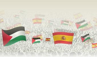 Palestine and Spain flags in a crowd of cheering people. vector