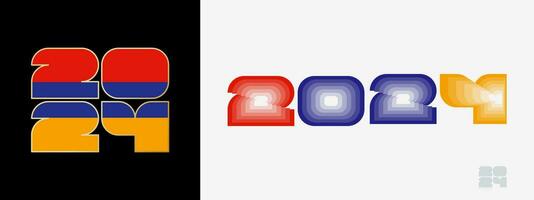 Year 2024 with flag of Armenia and in color palate of Armenia flag. Happy New Year 2024 in two different style. vector