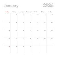 Simple wall calendar for January 2024 with dotted lines. The calendar is in English, week start from Sunday. vector