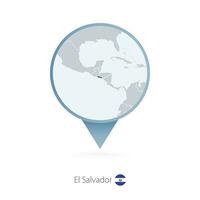 Map pin with detailed map of El Salvador and neighboring countries. vector