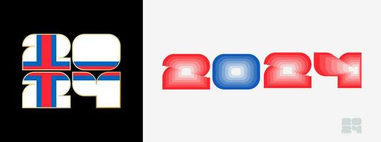 Year 2024 with flag of Faroe Islands and in color palate of Faroe Islands flag. Happy New Year 2024 in two different style. vector