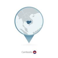 Map pin with detailed map of Cambodia and neighboring countries. vector