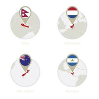 Nepal, Netherlands, New Zealand, Nicaragua map and flag in circle. vector