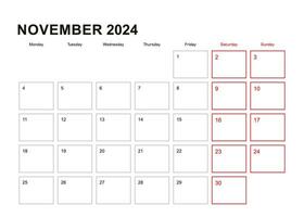 Wall planner for November 2024 in English language, week starts in Monday. vector