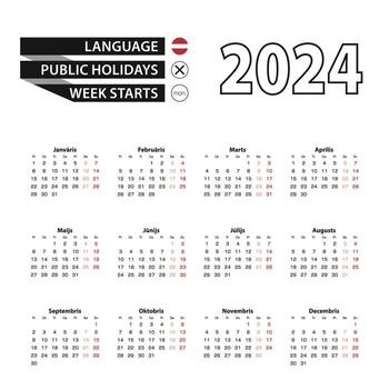 Calendar 2024 in Latvian language, week starts on Monday. vector
