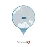 Map pin with detailed map of Switzerland and neighboring countries. vector