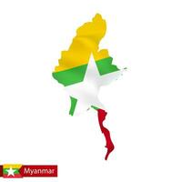 Myanmar map with waving flag of country. vector