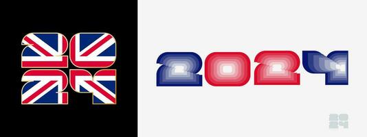 Year 2024 with flag of United Kingdom and in color palate of United Kingdom flag. Happy New Year 2024 in two different style. vector