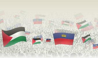 Palestine and Liechtenstein flags in a crowd of cheering people. vector