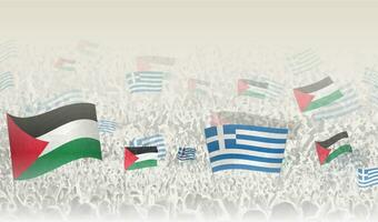 Palestine and Greece flags in a crowd of cheering people. vector