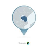 Map pin with detailed map of Tanzania and neighboring countries. vector