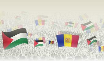 Palestine and Andorra flags in a crowd of cheering people. vector