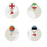 England, Equatorial Guinea, Eritrea, Estonia map and flag in circle. vector