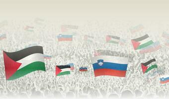 Palestine and Slovenia flags in a crowd of cheering people. vector