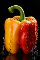 a red and yellow bell pepper is being splashed with water AI Generative photo