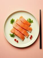 salmon fillets on a plate on a pink background AI Generative photo