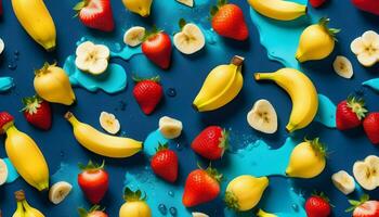 Bananas  strawberries and bananas in blue water on a blue background photo